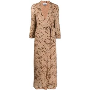 GANNI Georgette Crepe Polka Dot‎ Dress Size 40 NWT Tan Black Wrap Dress